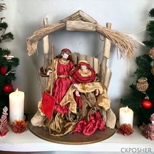 🎄XMAS🎄 Christmas Nativity Red Gold Mary Baby Jesus Wood Display Holiday Decor